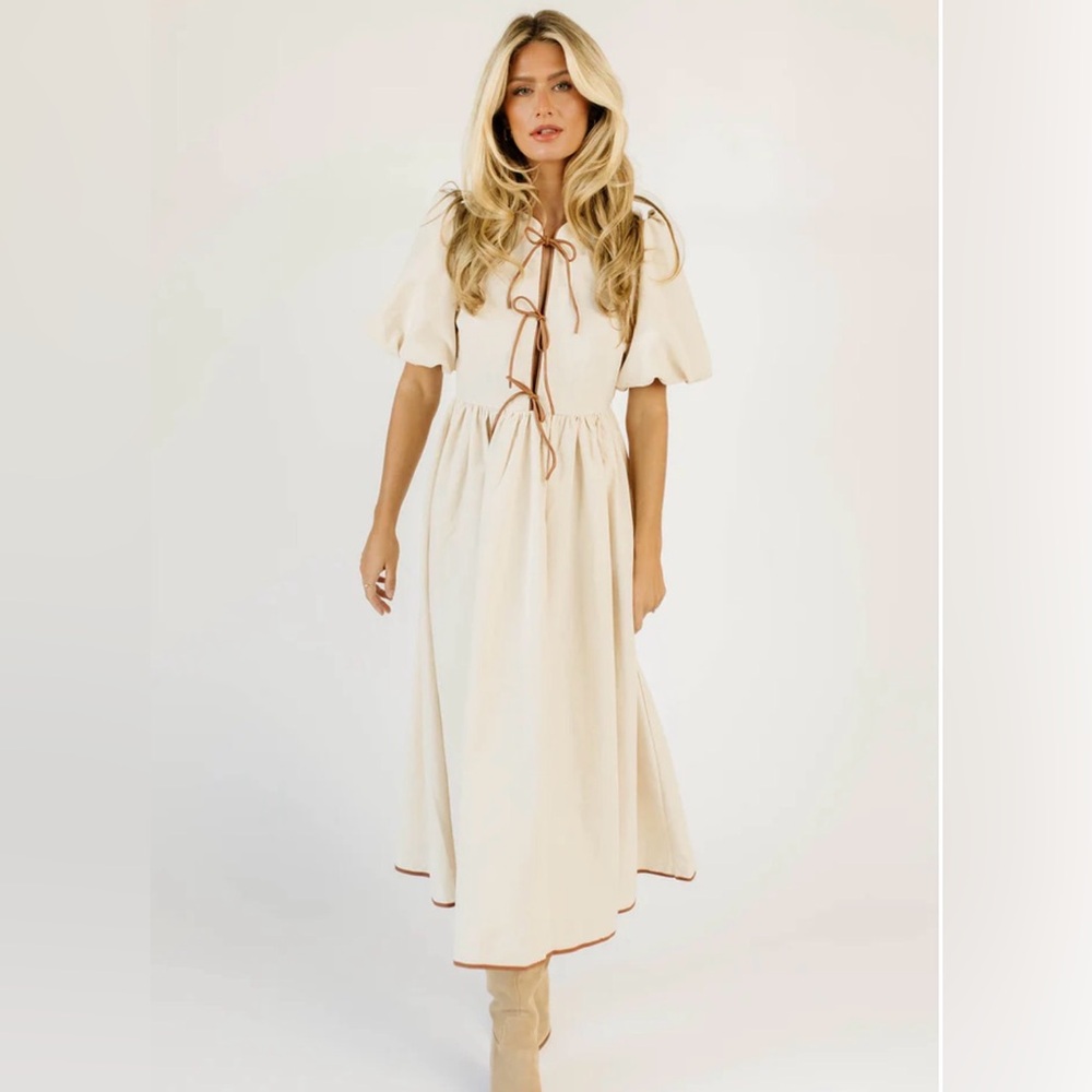 NWT Zoco Chappell Dress Midi Linen Blend Puff Sleeves Faux Leather Detail XL